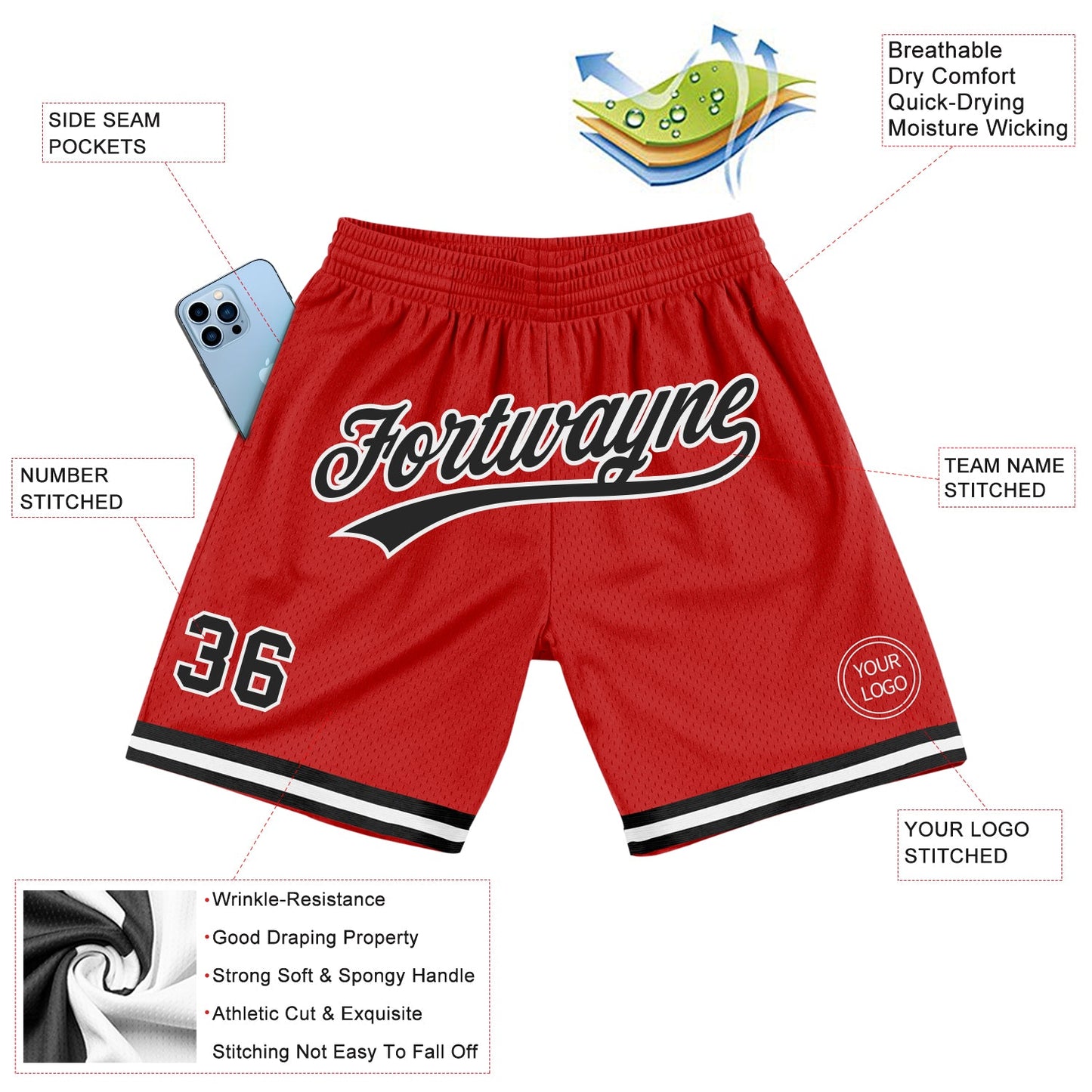 Custom Red Black-White Authentic Throwback Basketball Shorts view 2