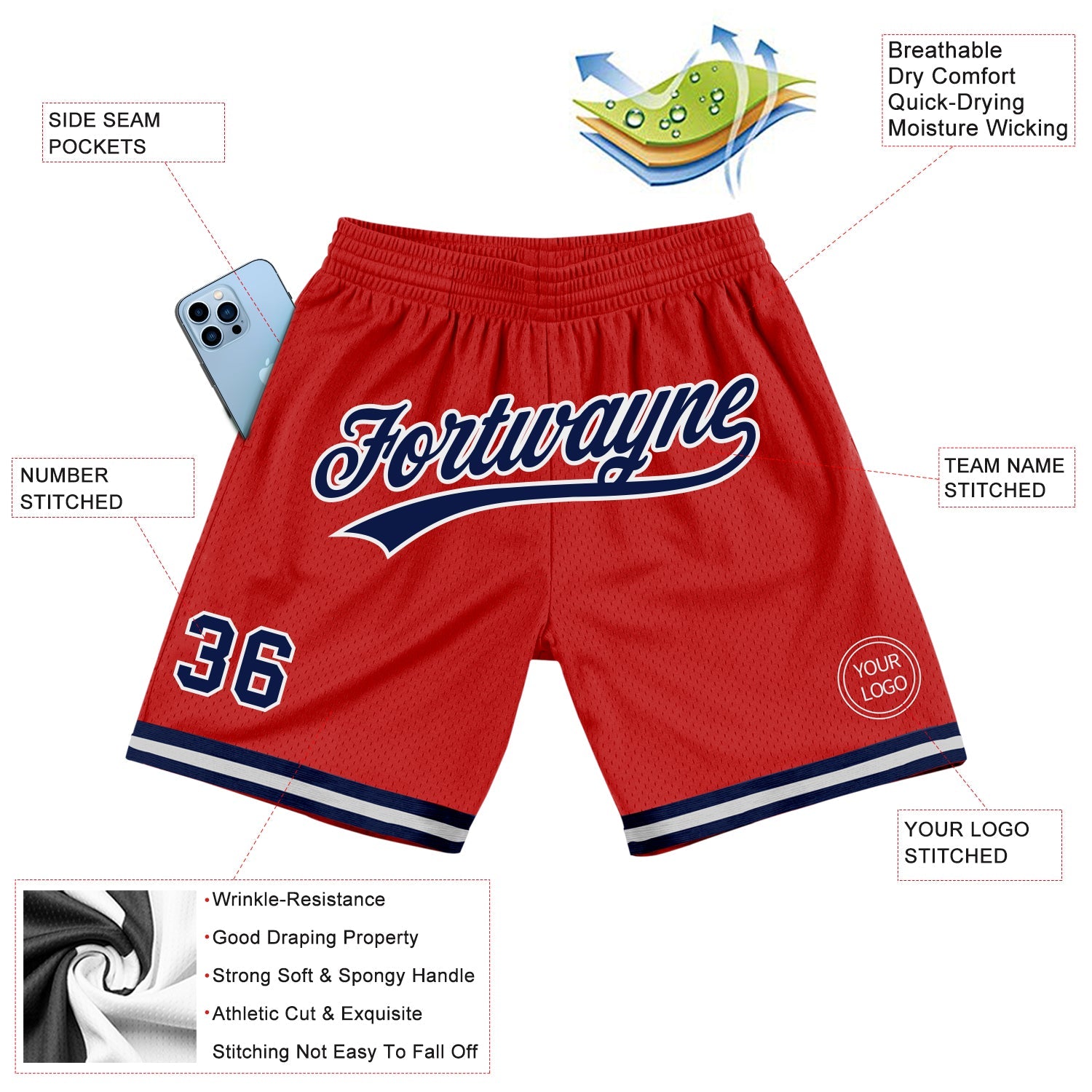 Custom Red Navy-White Authentic Throwback Basketball Shorts view 2