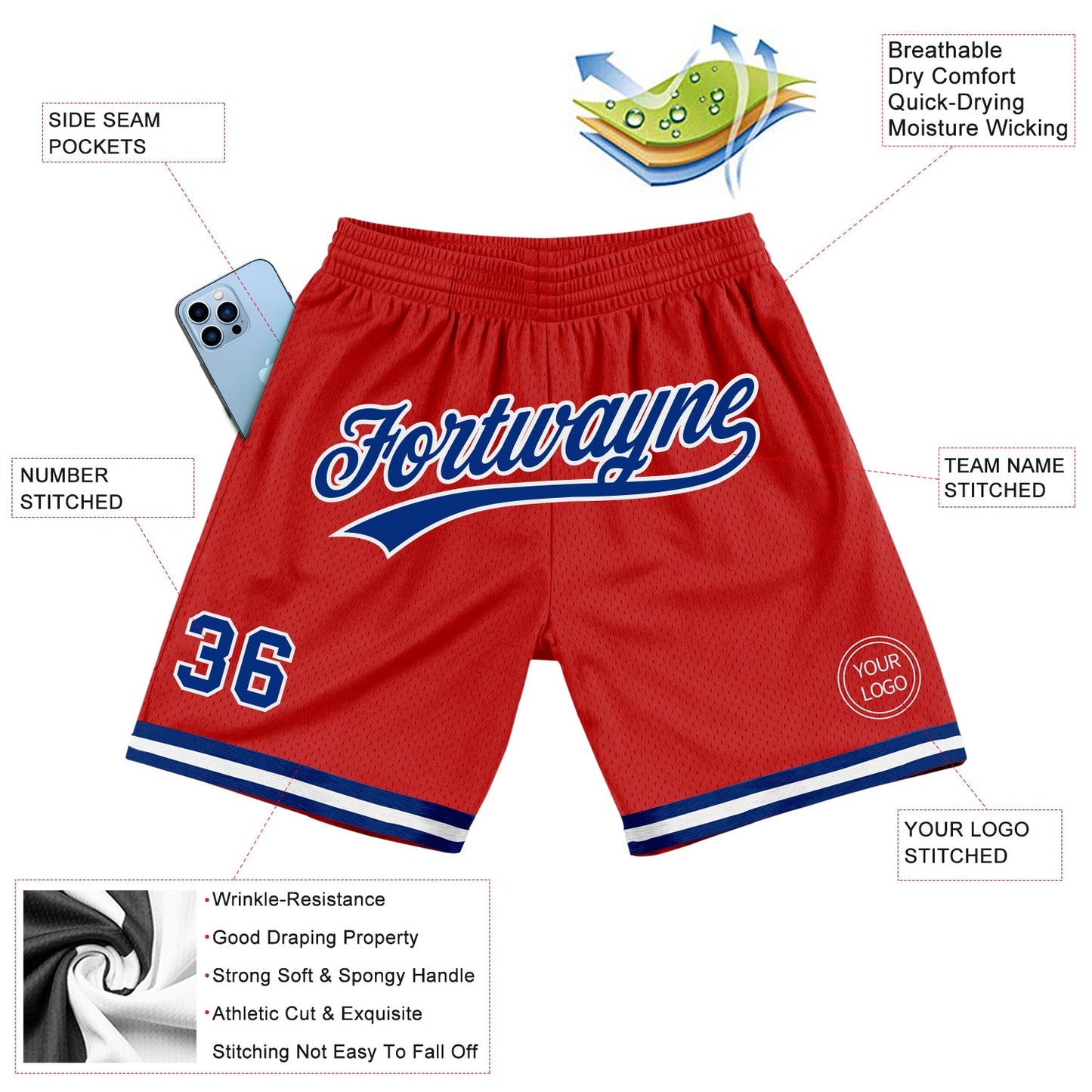 Custom Red Royal-White Authentic Throwback Basketball Shorts view 2