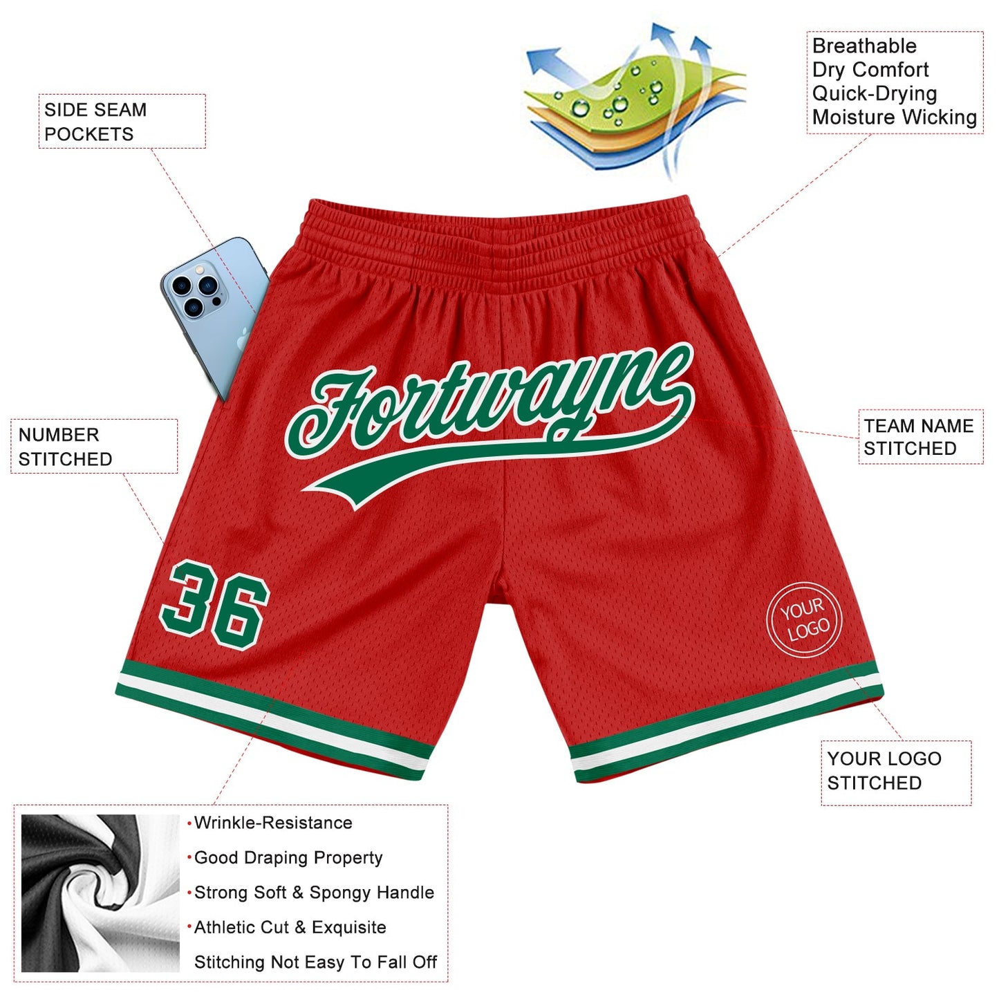 Custom Red Kelly Green-White Authentic Throwback Basketball Shorts view 2