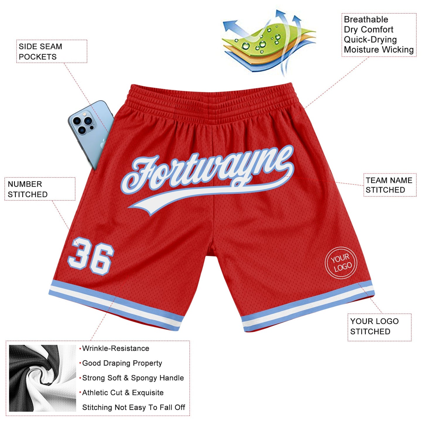 Custom Red White-Light Blue Authentic Throwback Basketball Shorts view 2