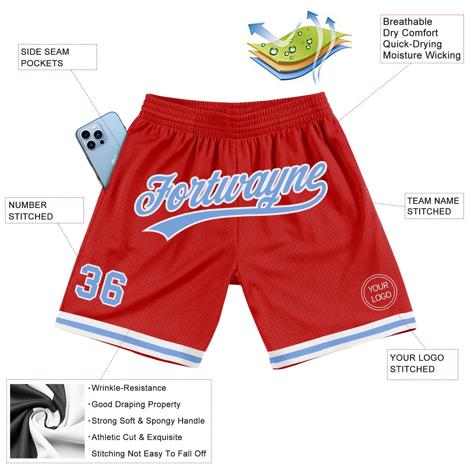Custom Red Light Blue-White Authentic Throwback Basketball Shorts view 2