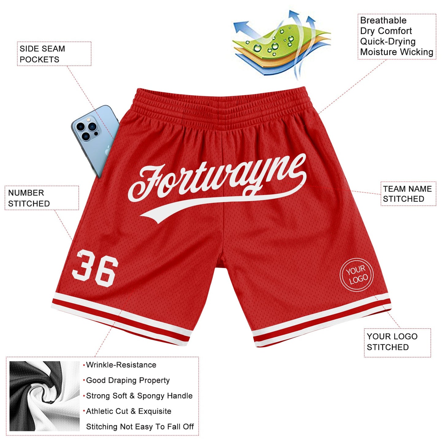 Custom Red White Authentic Throwback Basketball Shorts view 2