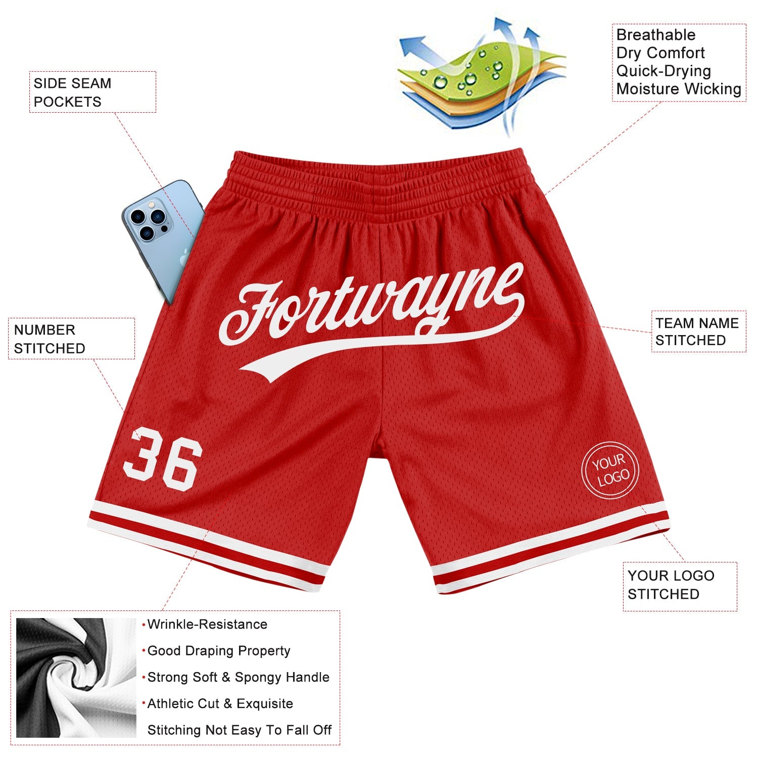 Custom Red White Authentic Throwback Basketball Shorts view 2