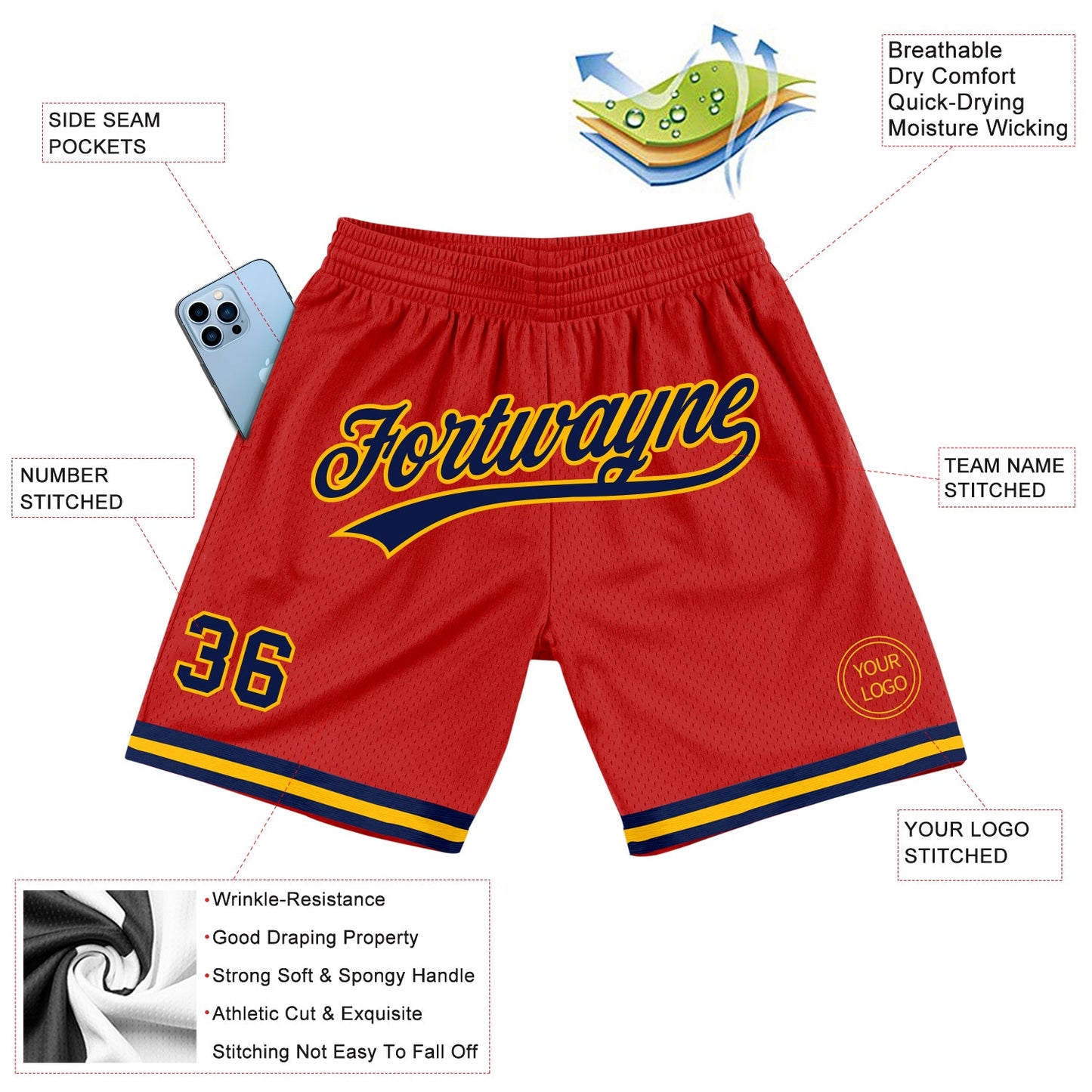Custom Red Navy-Gold Authentic Throwback Basketball Shorts view 2