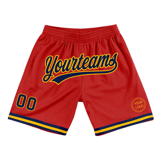 Custom Red Navy-Gold Authentic Throwback Basketball Shorts - Main View