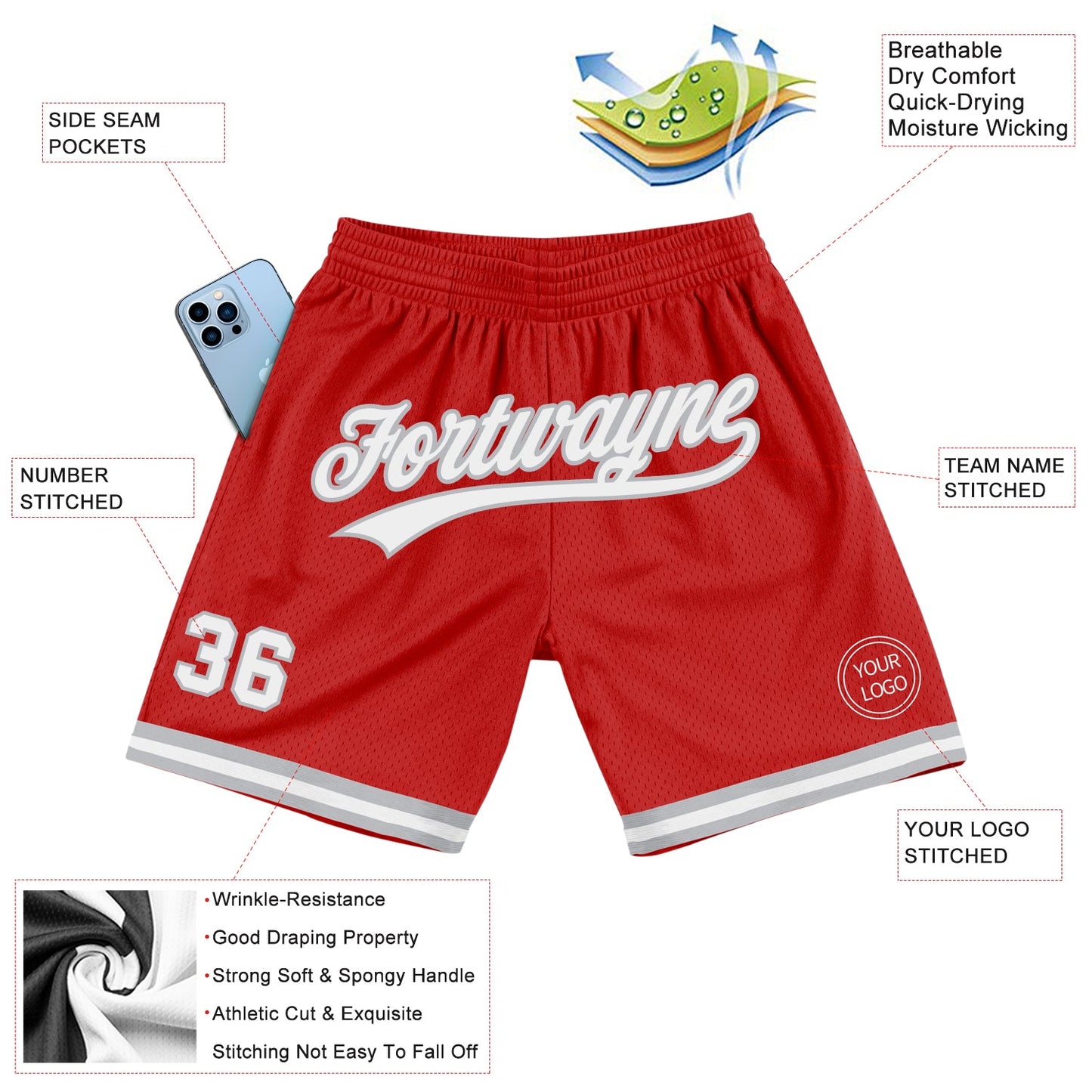 Custom Red White-Gray Authentic Throwback Basketball Shorts view 2