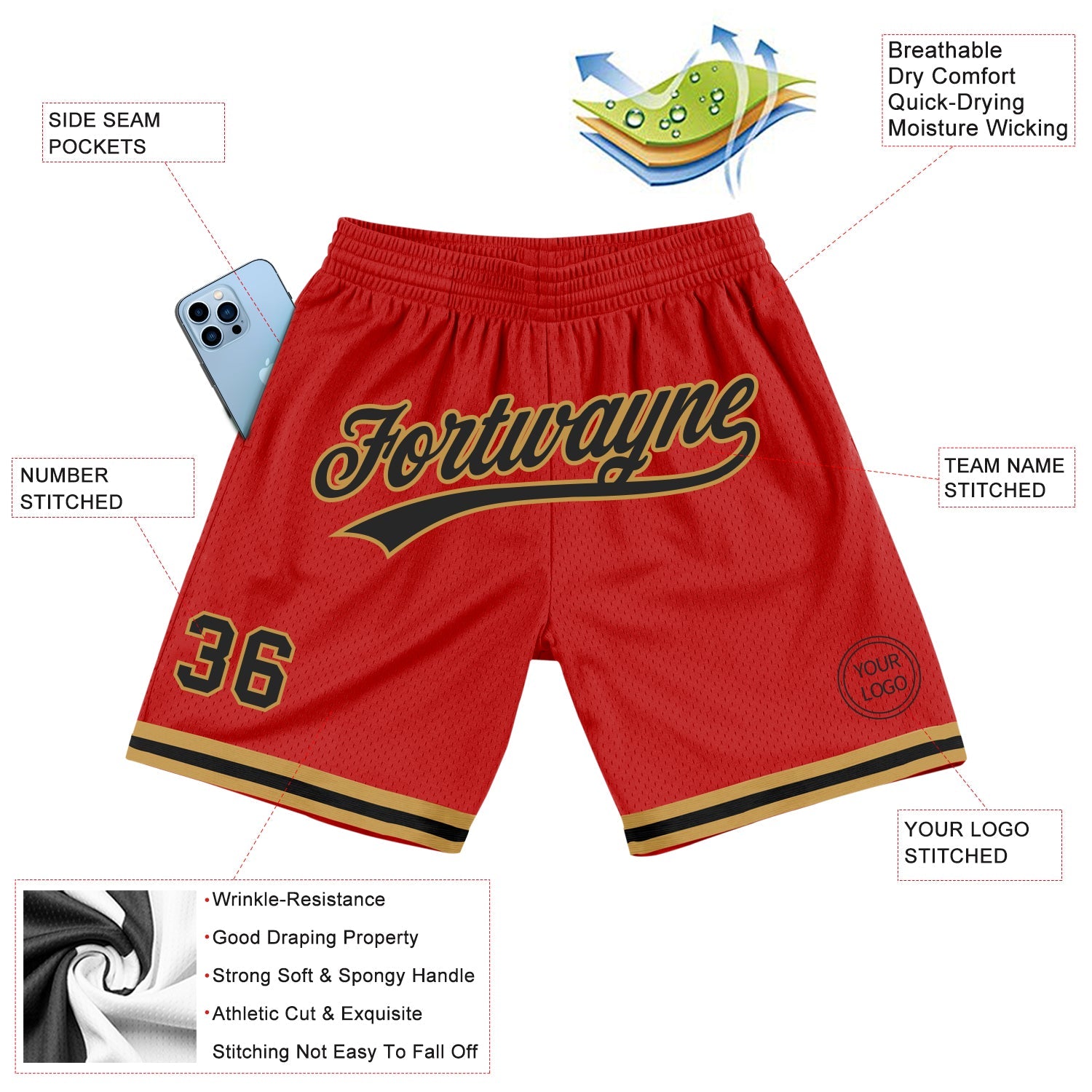 Custom Red Black-Old Gold Authentic Throwback Basketball Shorts view 2