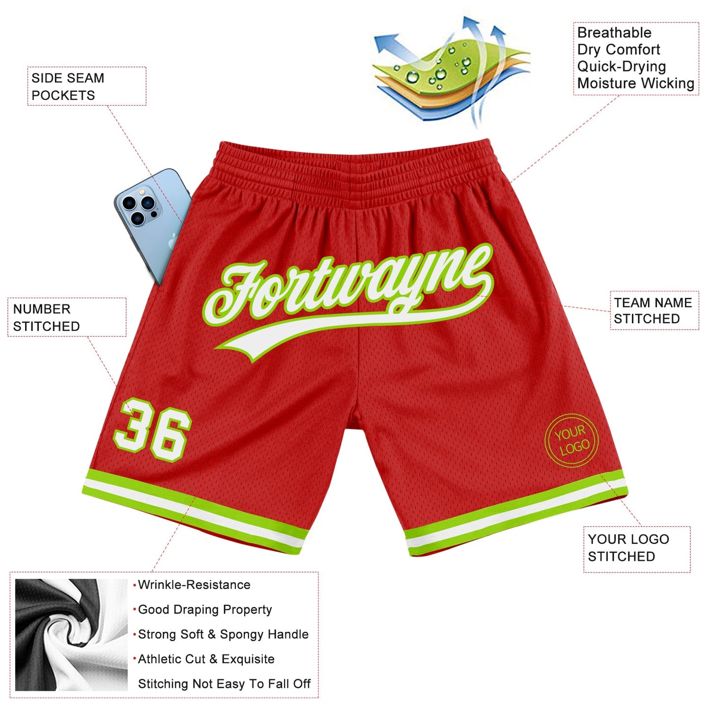Custom Red White-Neon Green Authentic Throwback Basketball Shorts view 2