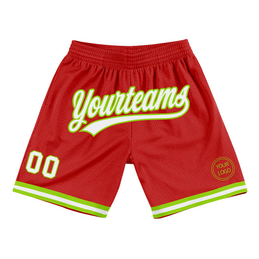 Custom Red White-Neon Green Authentic Throwback Basketball Shorts - Main View