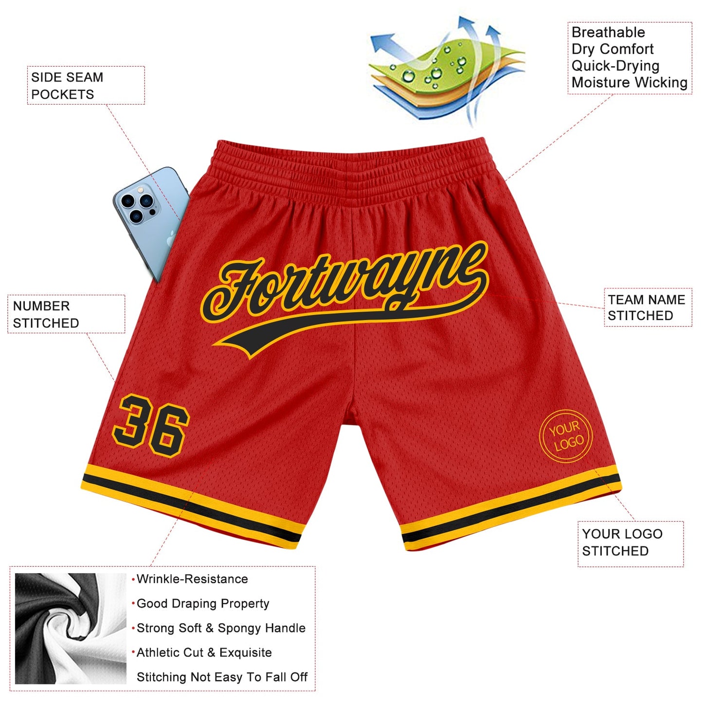 Custom Red Black-Gold Authentic Throwback Basketball Shorts view 2