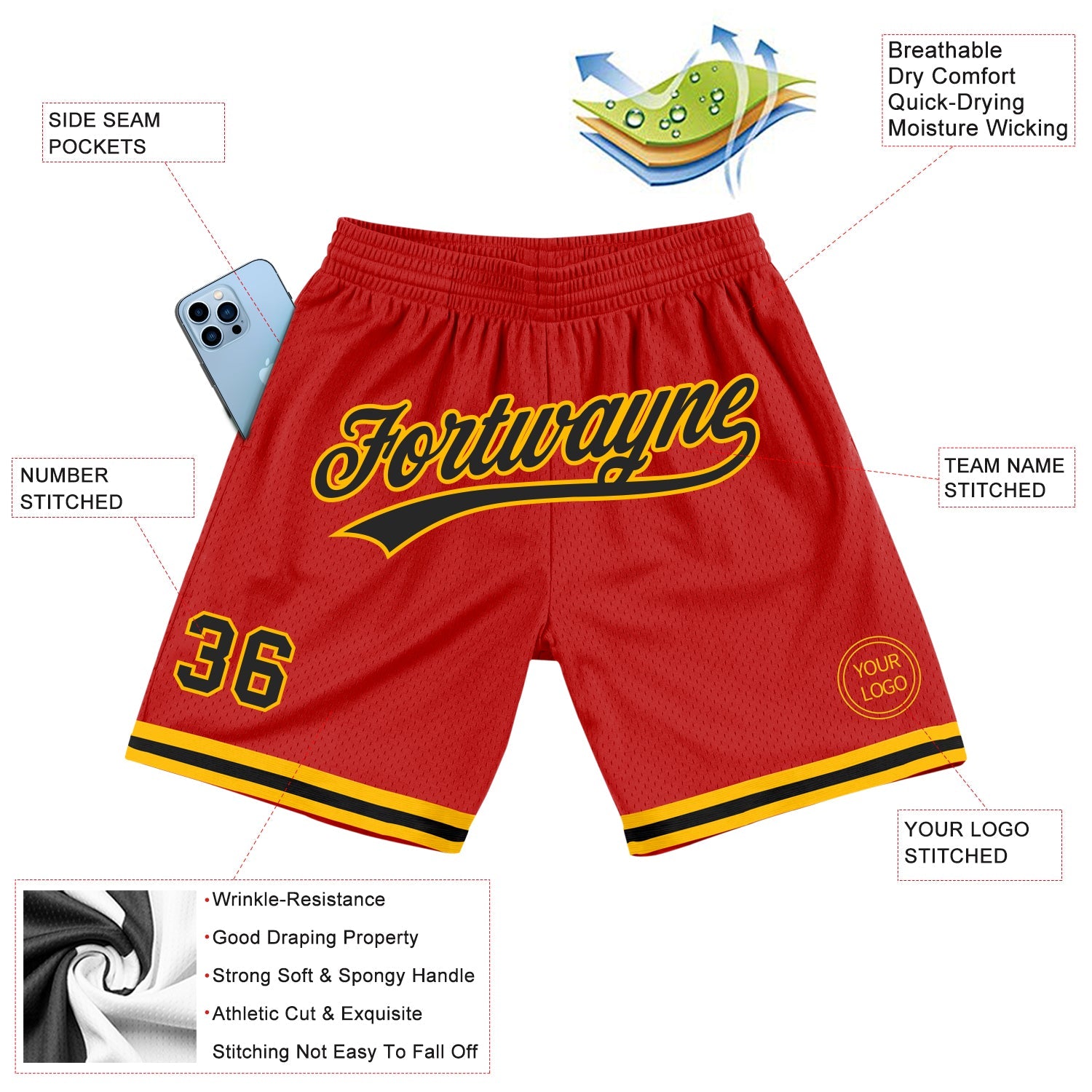 Custom Red Black-Gold Authentic Throwback Basketball Shorts view 2