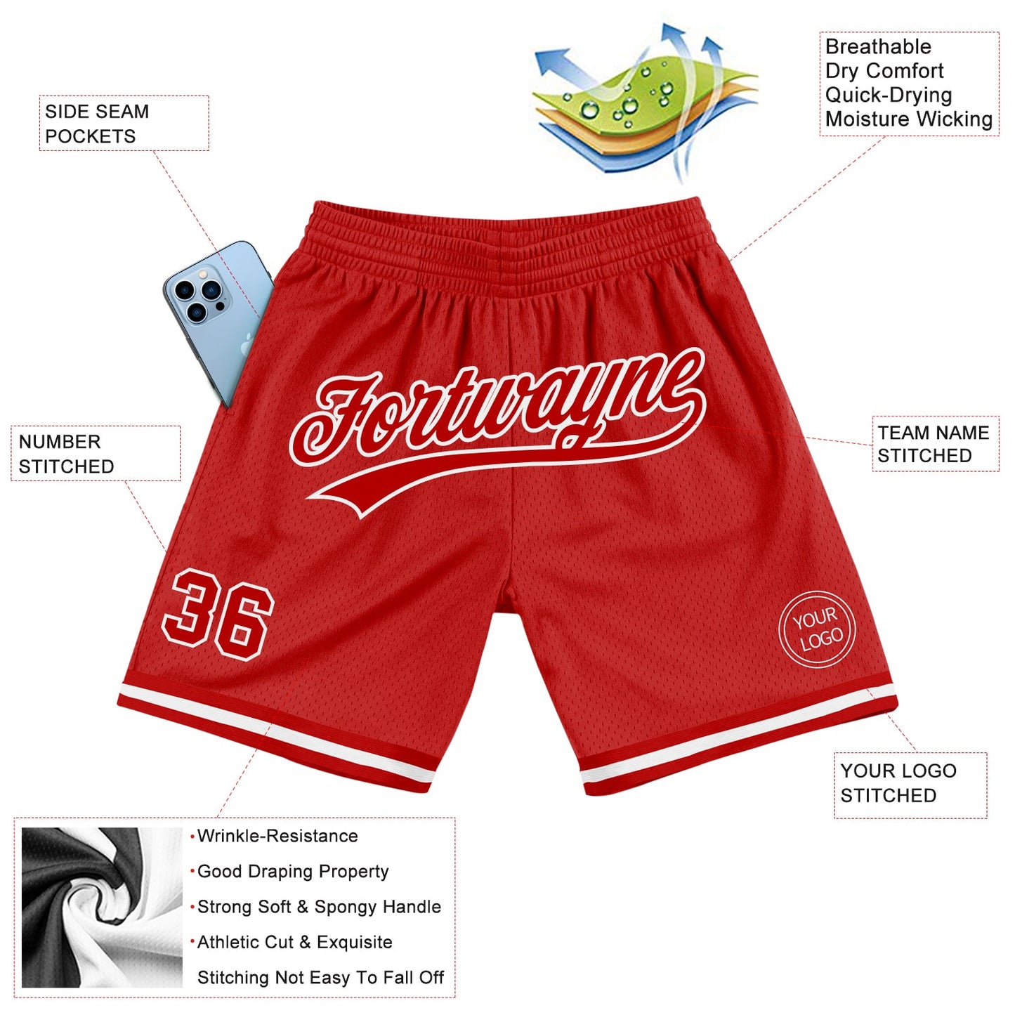 Custom Red White Authentic Throwback Basketball Shorts view 2