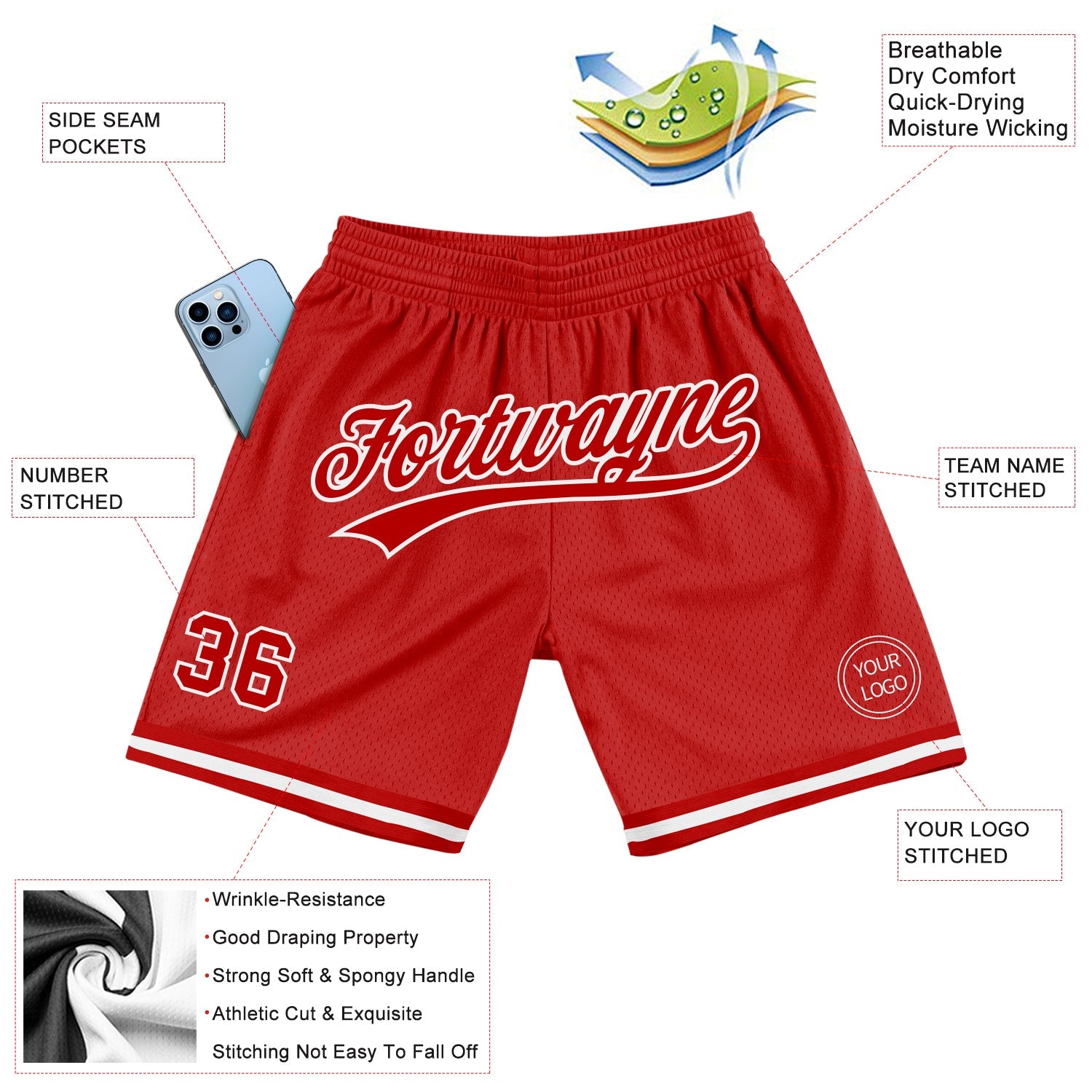 Custom Red White Authentic Throwback Basketball Shorts view 2
