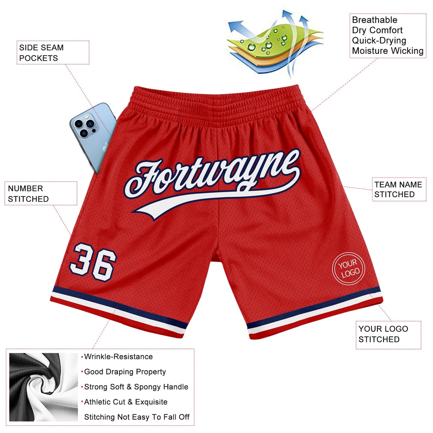 Custom Red White-Navy Authentic Throwback Basketball Shorts view 2