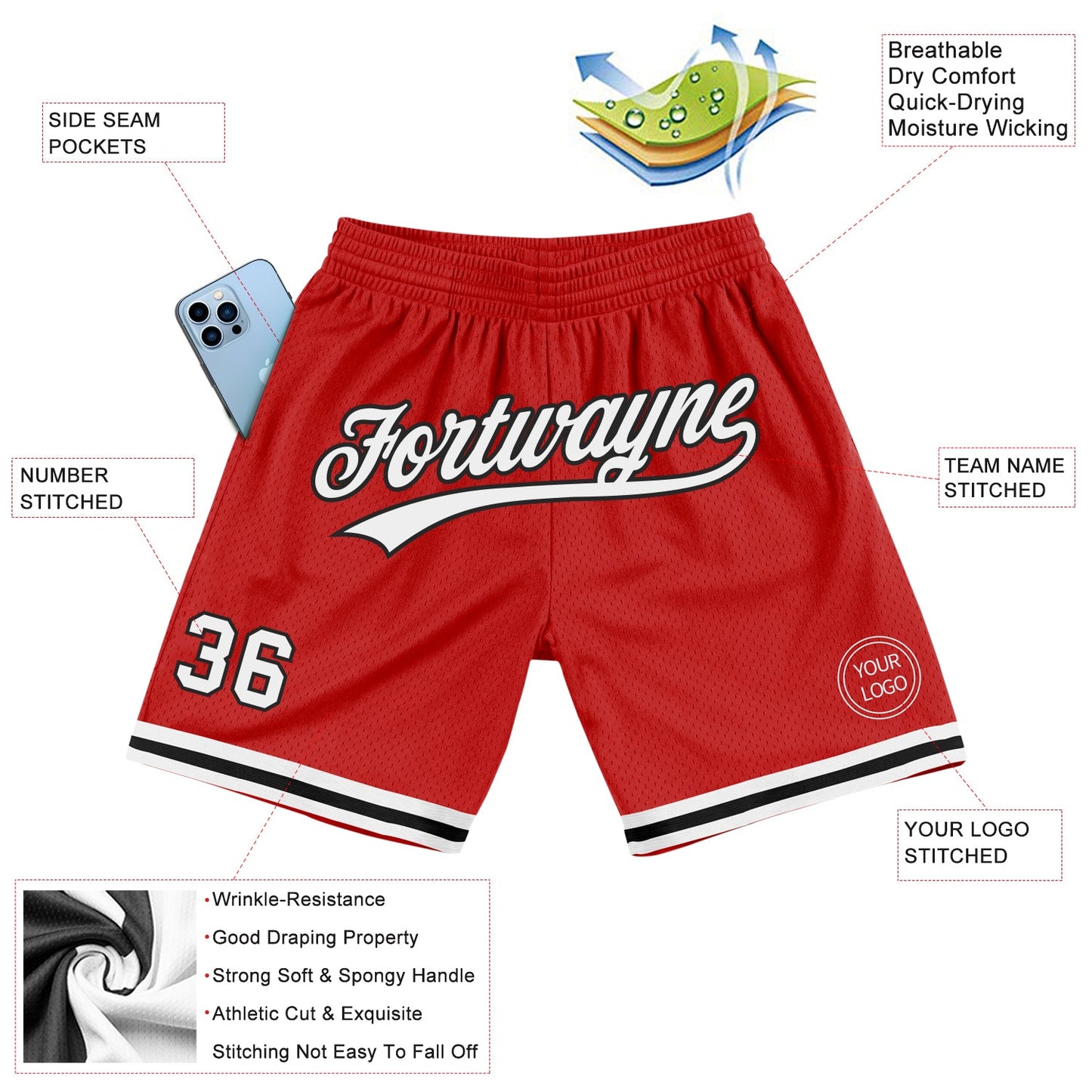 Custom Red White-Black Authentic Throwback Basketball Shorts view 2