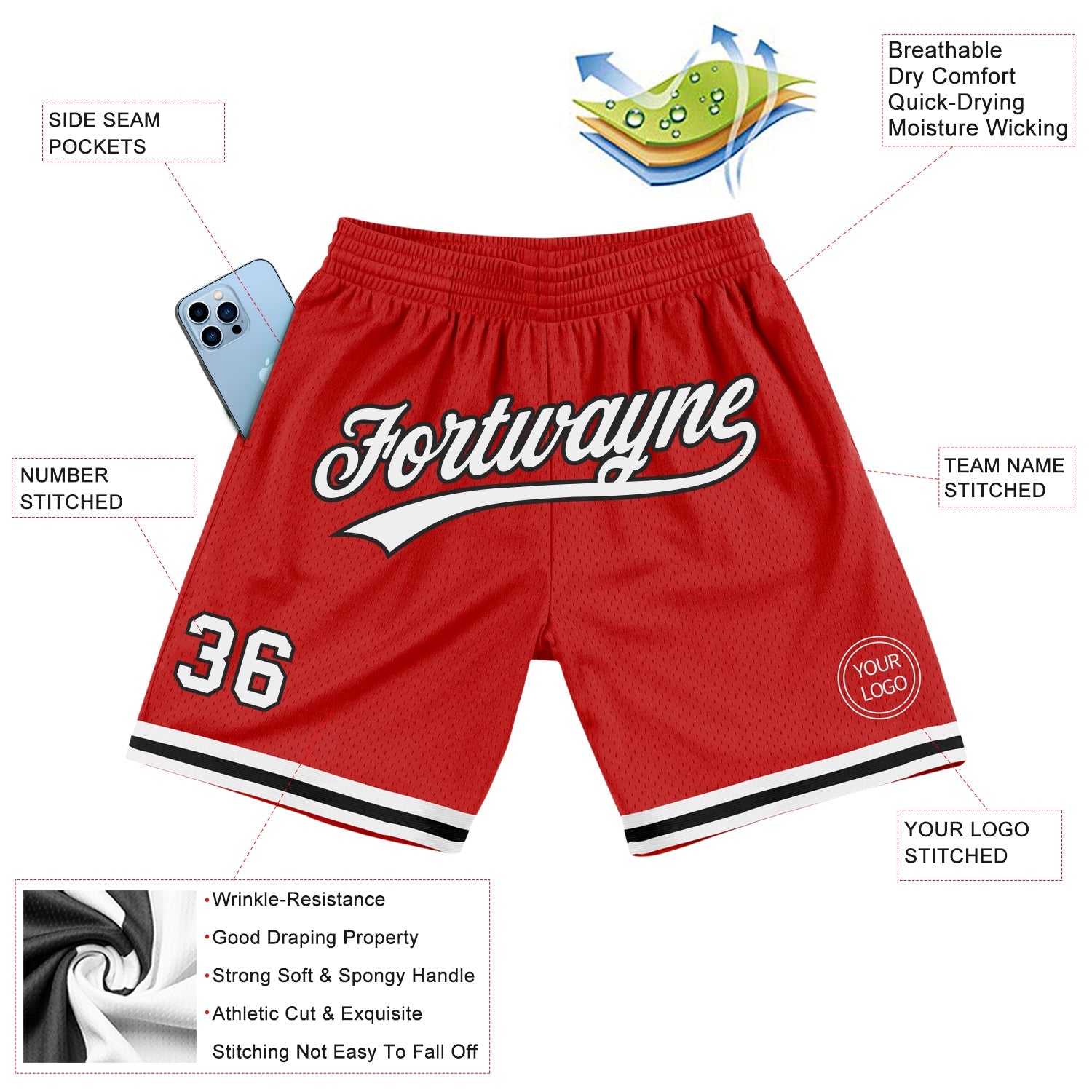 Custom Red White-Black Authentic Throwback Basketball Shorts view 2