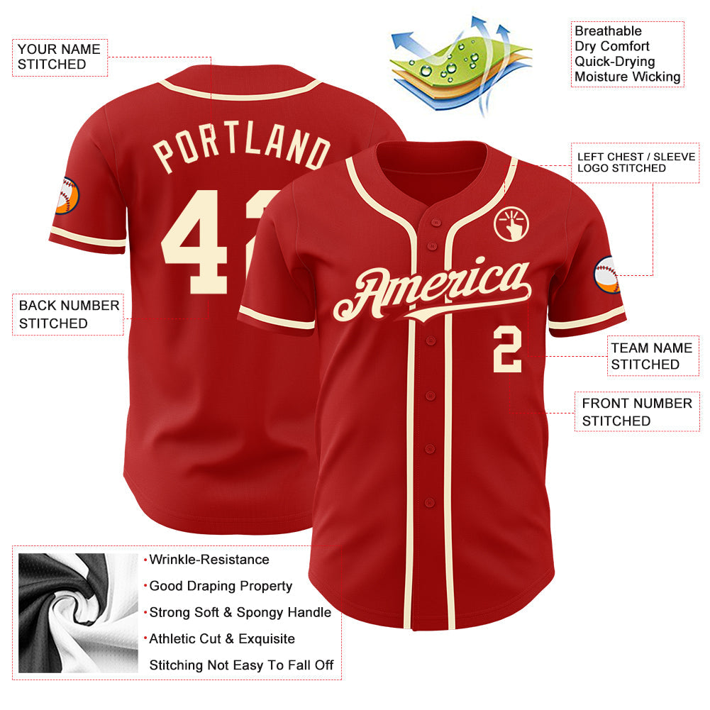 Custom Red Cream Authentic Baseball Jersey view 3