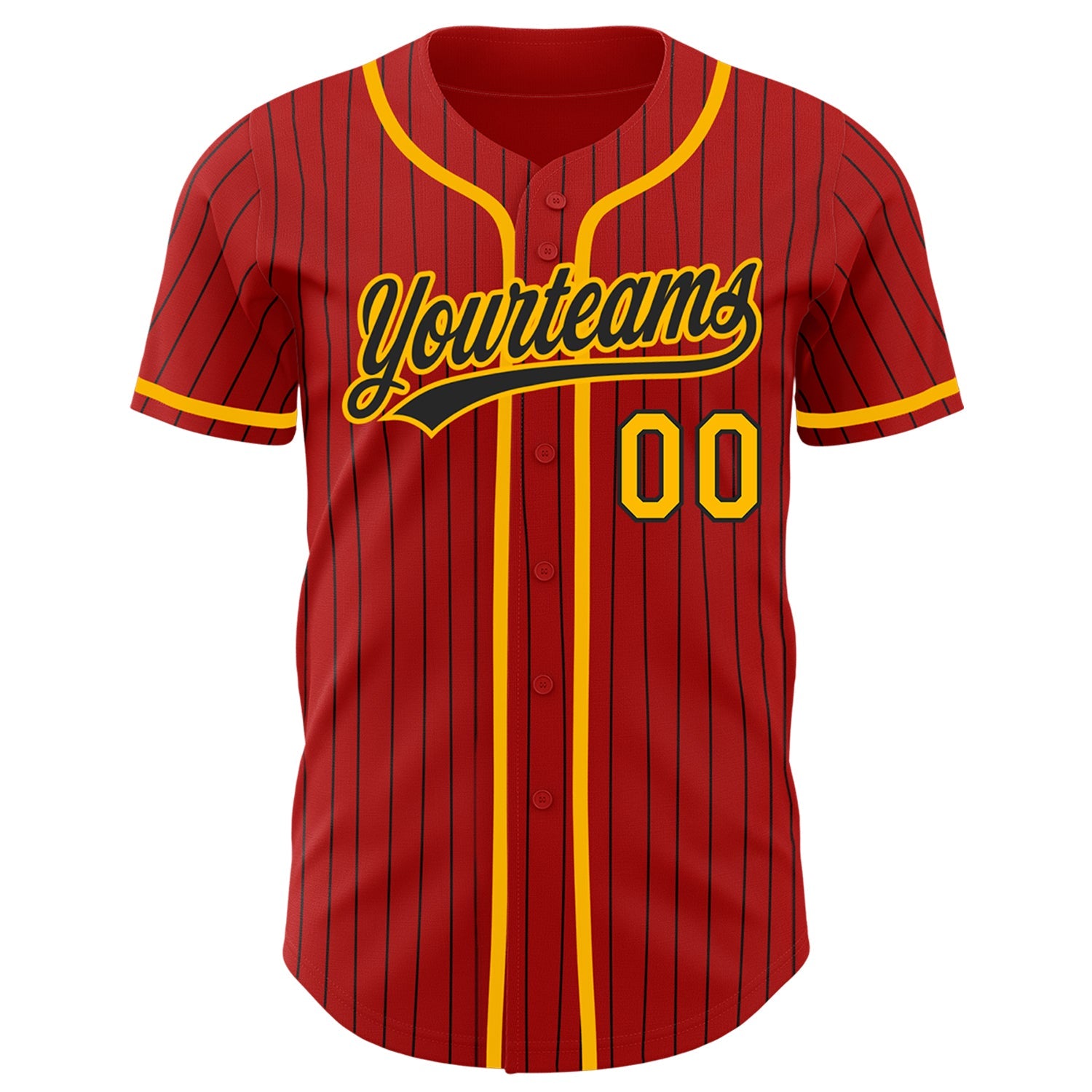 Custom Red Black Pinstripe Gold Authentic Baseball Jersey view 2