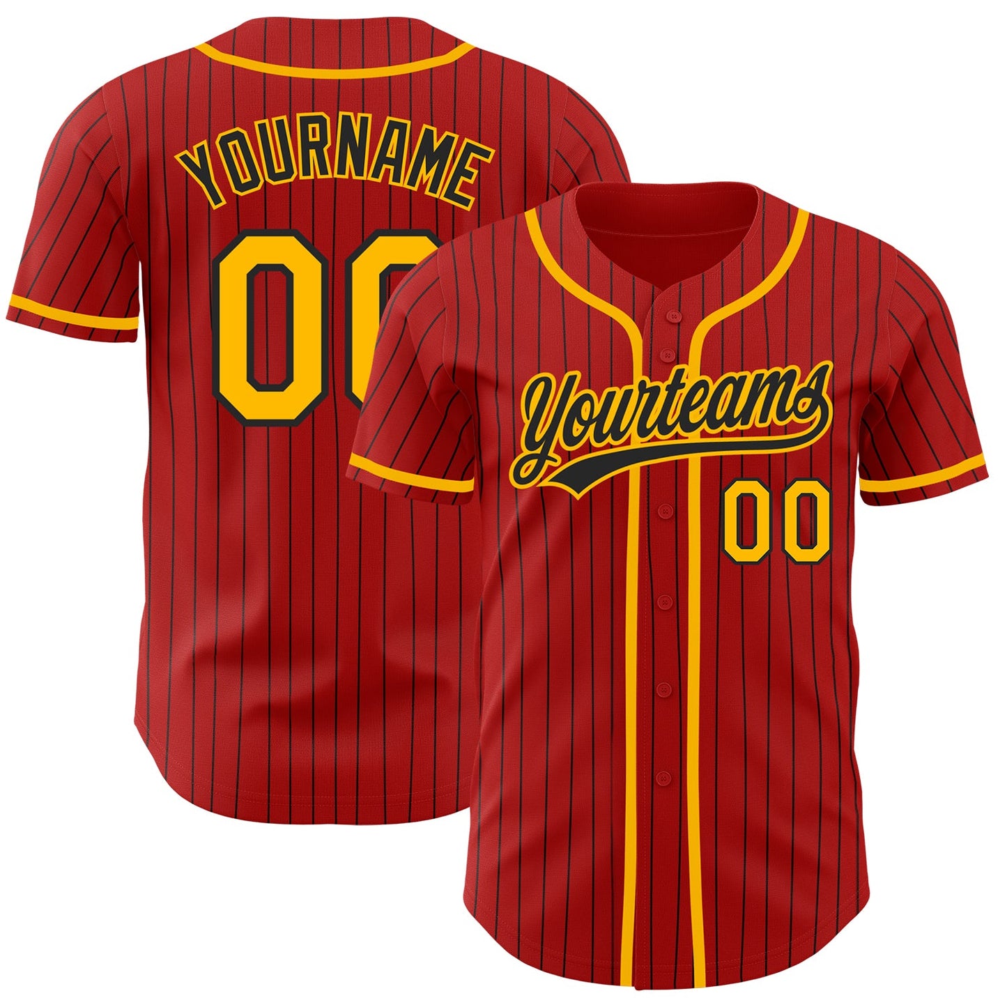 Custom Red Black Pinstripe Gold Authentic Baseball Jersey - Main View