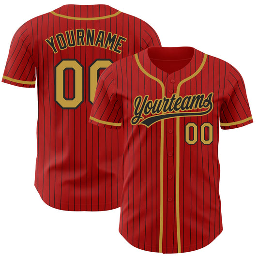 Custom Red Black Pinstripe Old Gold Authentic Baseball Jersey - Main View