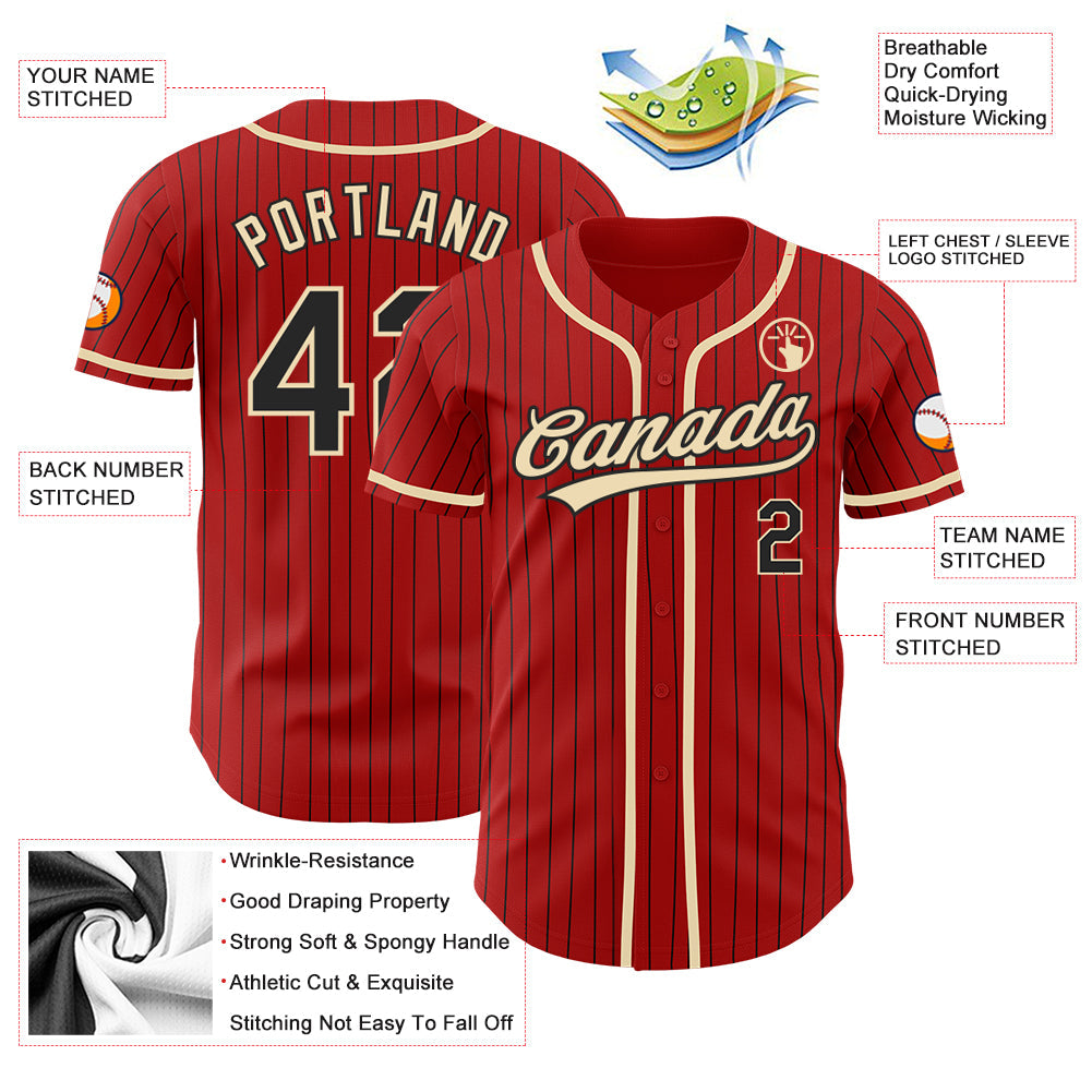 Custom Red Black Pinstripe City Cream Authentic Baseball Jersey view 3