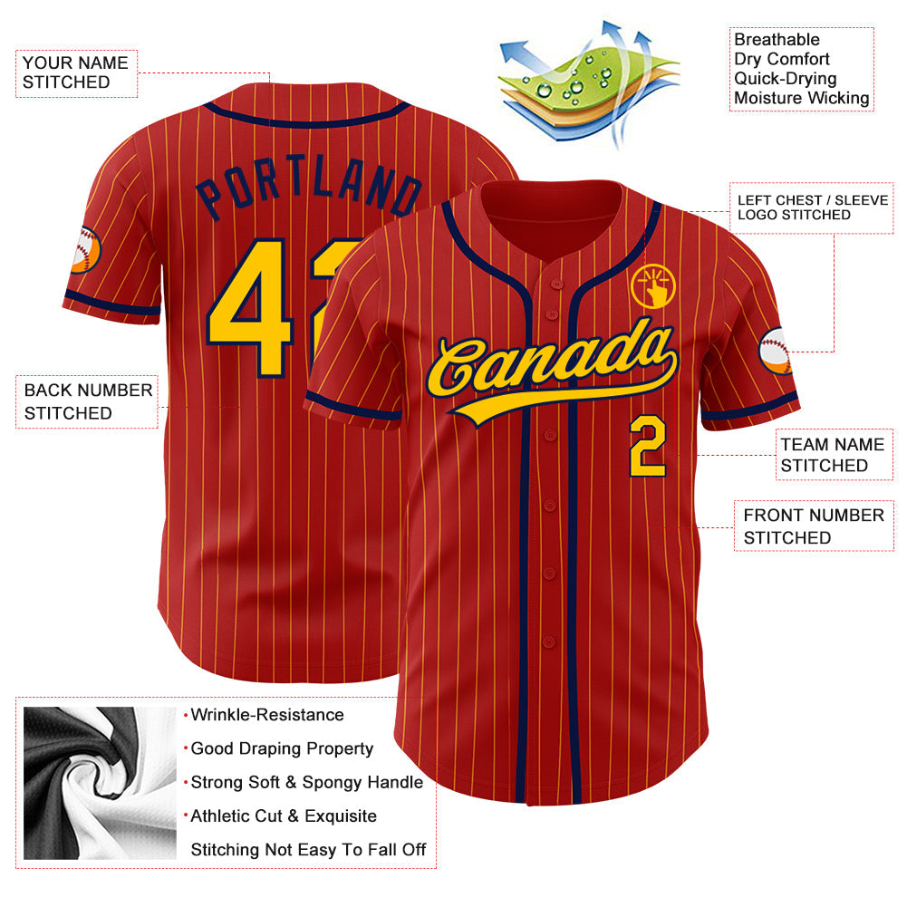 Custom Red Yellow Pinstripe Navy Authentic Baseball Jersey view 3