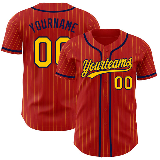 Custom Red Yellow Pinstripe Navy Authentic Baseball Jersey - Main View