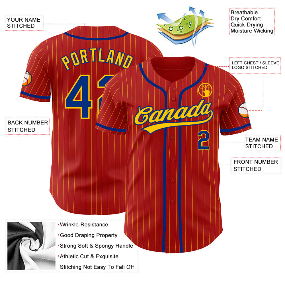 Custom Red Yellow Pinstripe Royal Authentic Baseball Jersey view 3