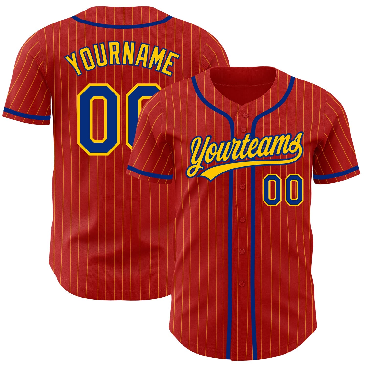 Custom Red Yellow Pinstripe Royal Authentic Baseball Jersey - Main View