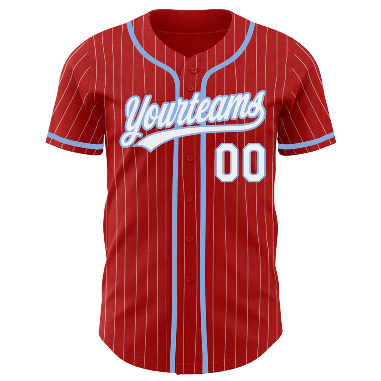 Custom Red White Pinstripe Light Blue Authentic Baseball Jersey view 2