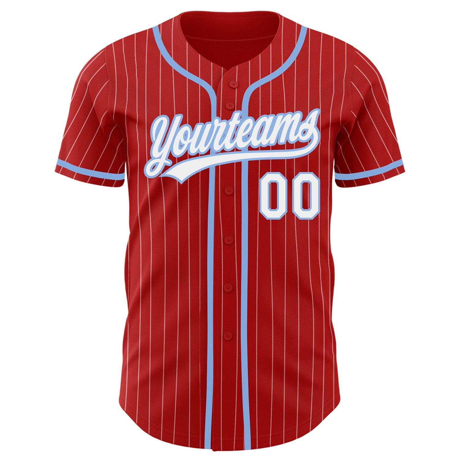 Custom Red White Pinstripe Light Blue Authentic Baseball Jersey view 2
