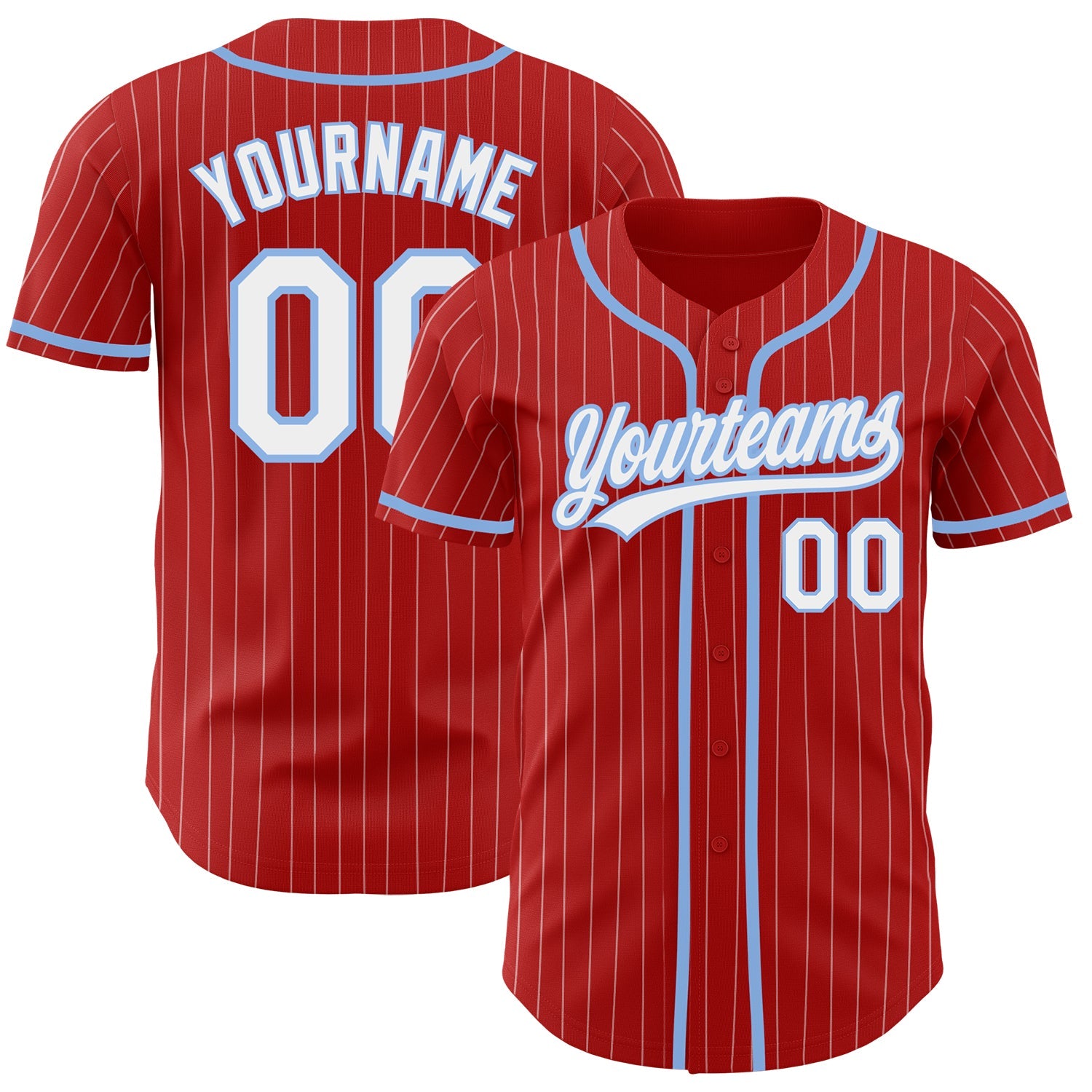 Custom Red White Pinstripe Light Blue Authentic Baseball Jersey - Main View