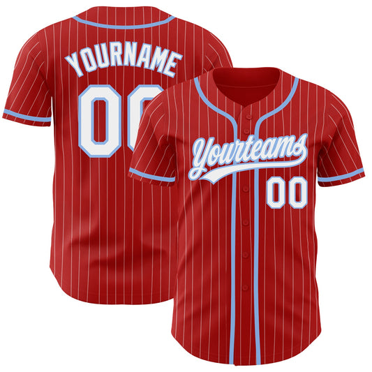 Custom Red White Pinstripe Light Blue Authentic Baseball Jersey - Main View