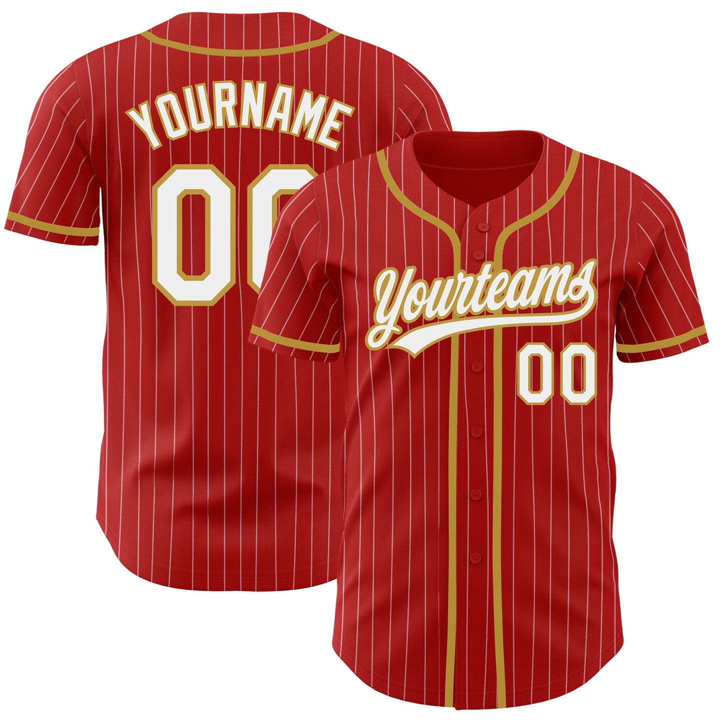 Custom Red White Pinstripe Old Gold Authentic Baseball Jersey - Main View