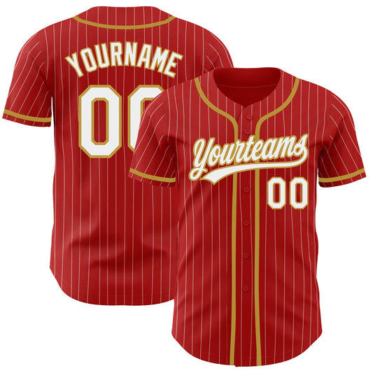 Custom Red White Pinstripe Old Gold Authentic Baseball Jersey - Main View