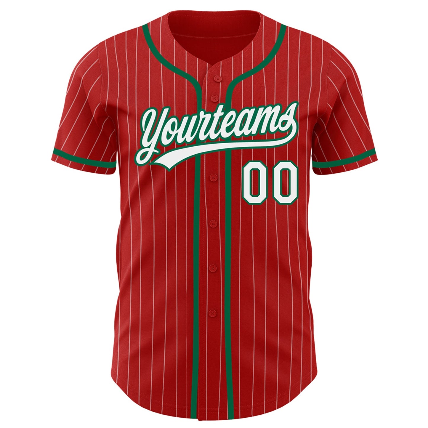 Custom Red White Pinstripe Kelly Green Authentic Baseball Jersey view 2