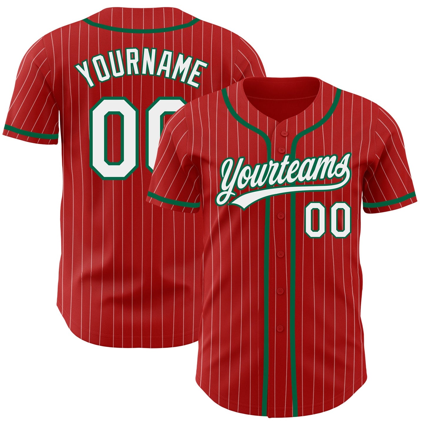 Custom Red White Pinstripe Kelly Green Authentic Baseball Jersey - Main View