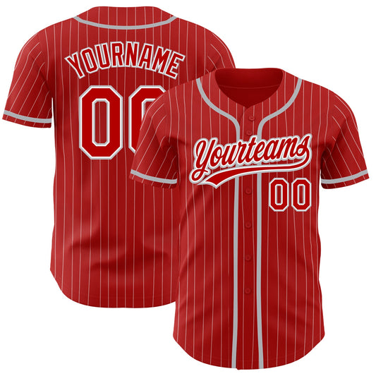 Custom Red White Pinstripe Gray Authentic Baseball Jersey - Main View
