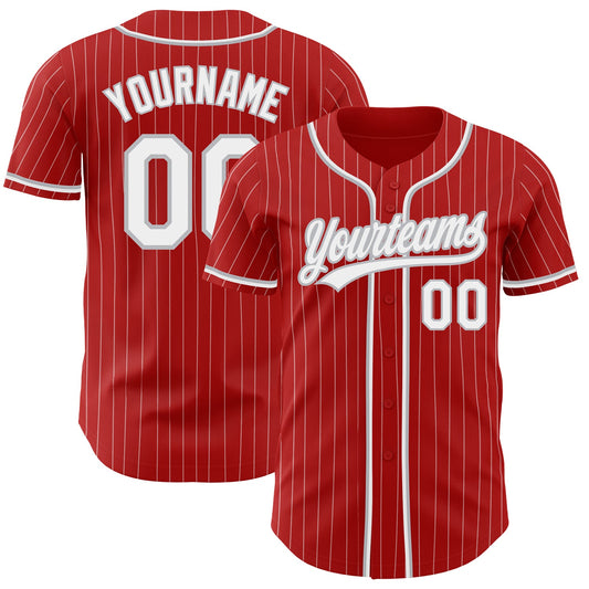 Custom Red White Pinstripe Gray Authentic Baseball Jersey - Main View