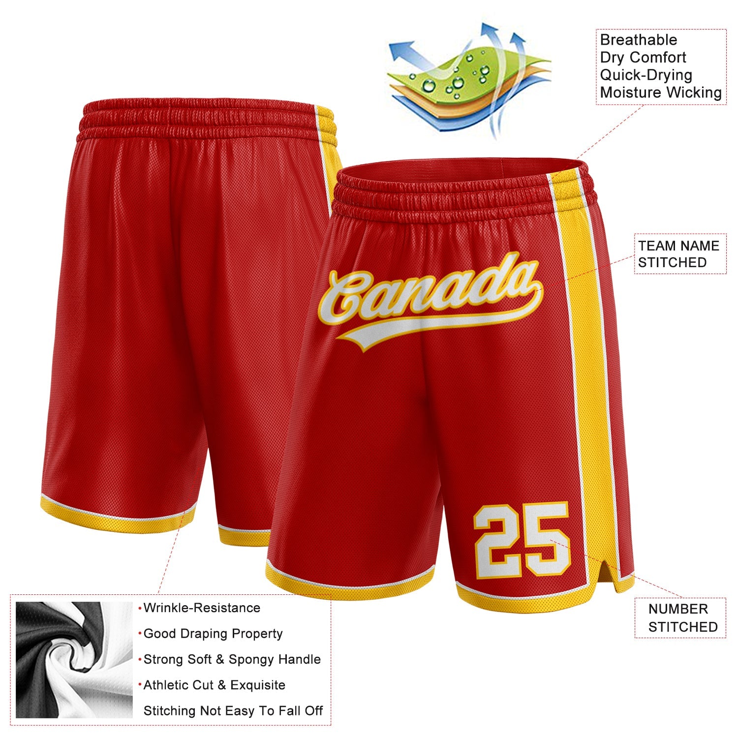 Custom Red White-Yellow Authentic Basketball Shorts view 2