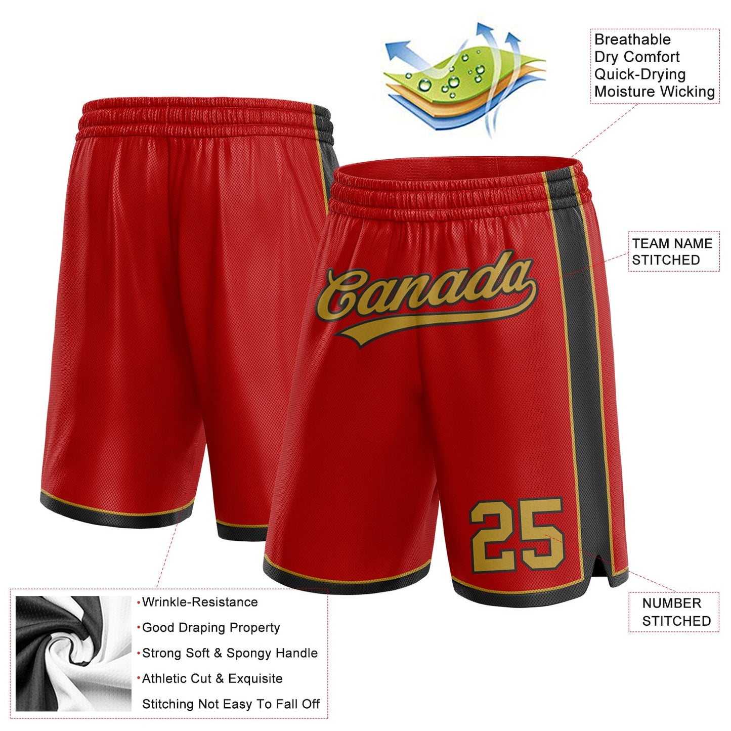 Custom Red Old Gold-Black Authentic Basketball Shorts view 2