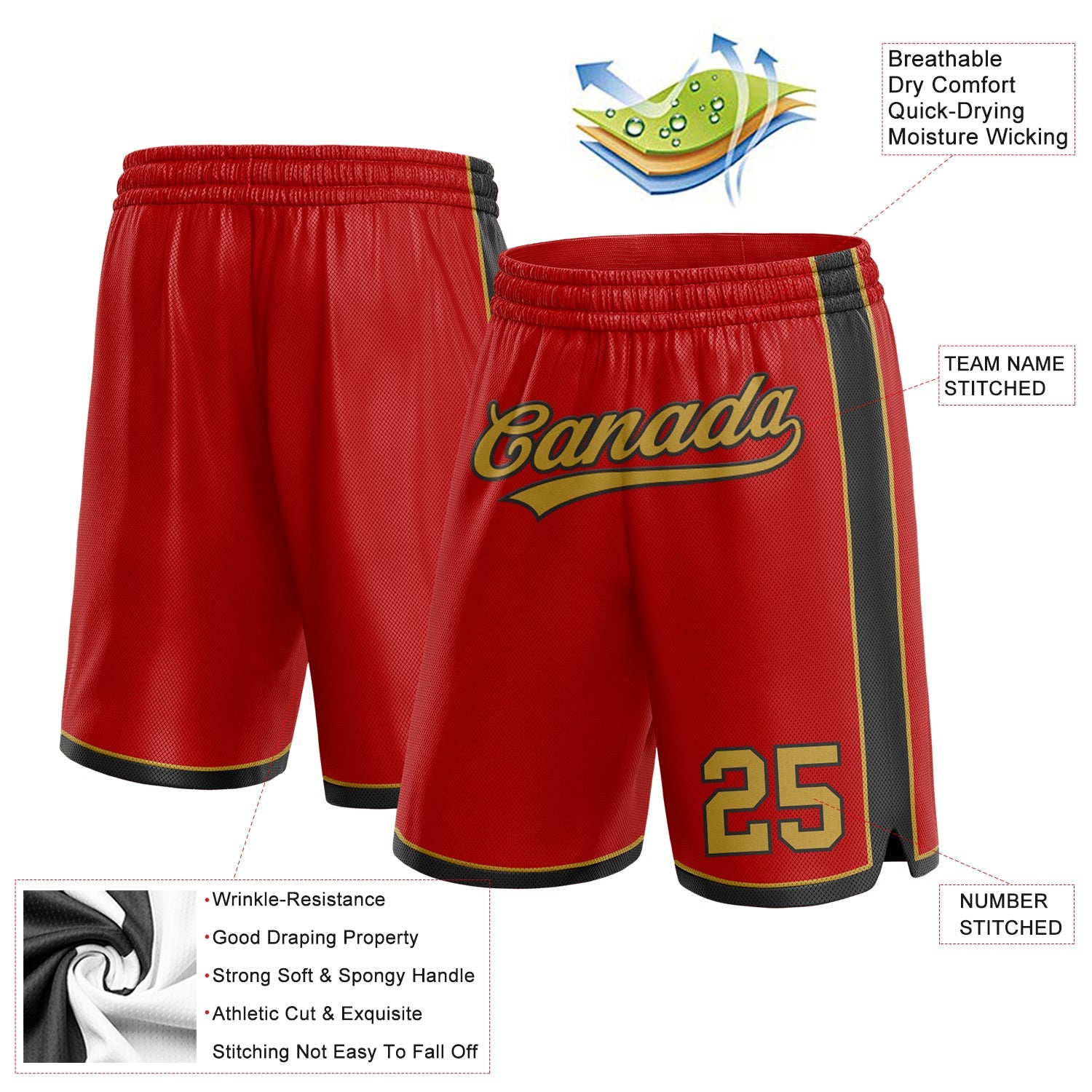 Custom Red Old Gold-Black Authentic Basketball Shorts view 2
