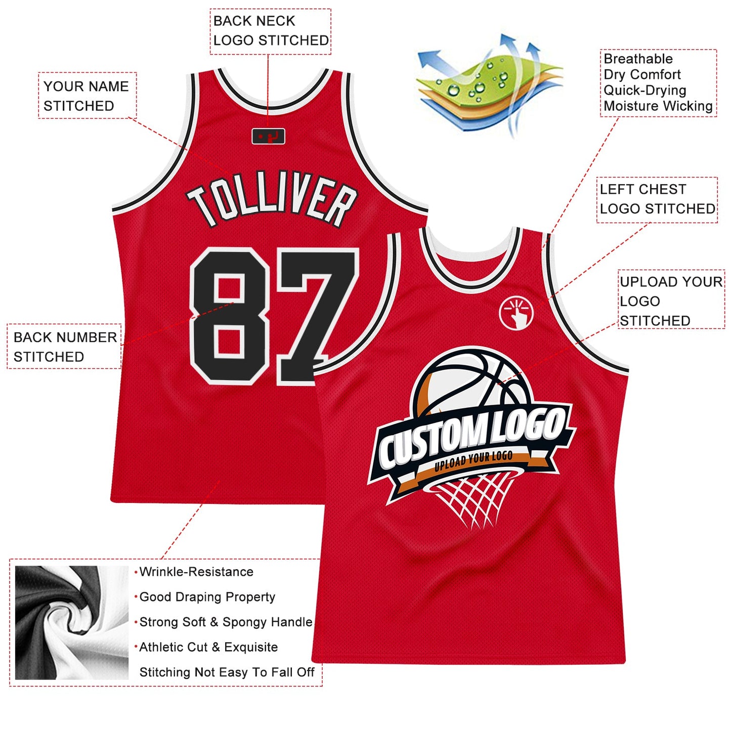 Custom Red Black-White Authentic Throwback Basketball Jersey view 2