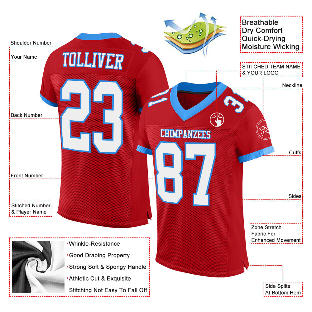 Custom Red White-Powder Blue Mesh Authentic Football Jersey view 2