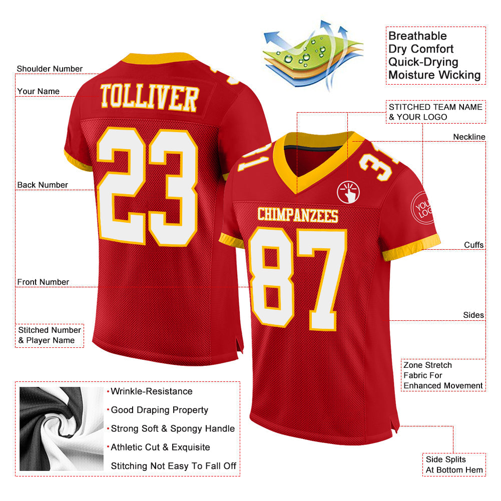Custom Red White-Gold Mesh Authentic Football Jersey view 2