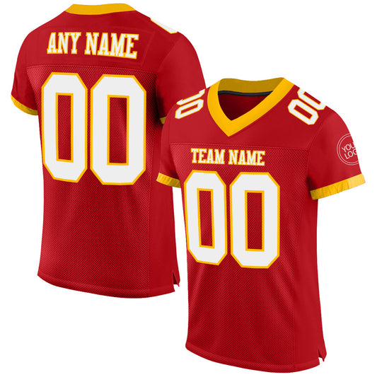 Custom Red White-Gold Mesh Authentic Football Jersey - Main View