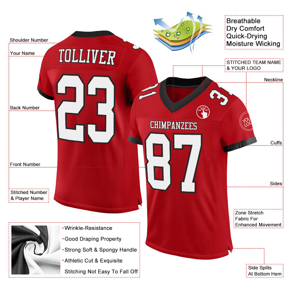 Custom Red White-Black Mesh Authentic Football Jersey view 2