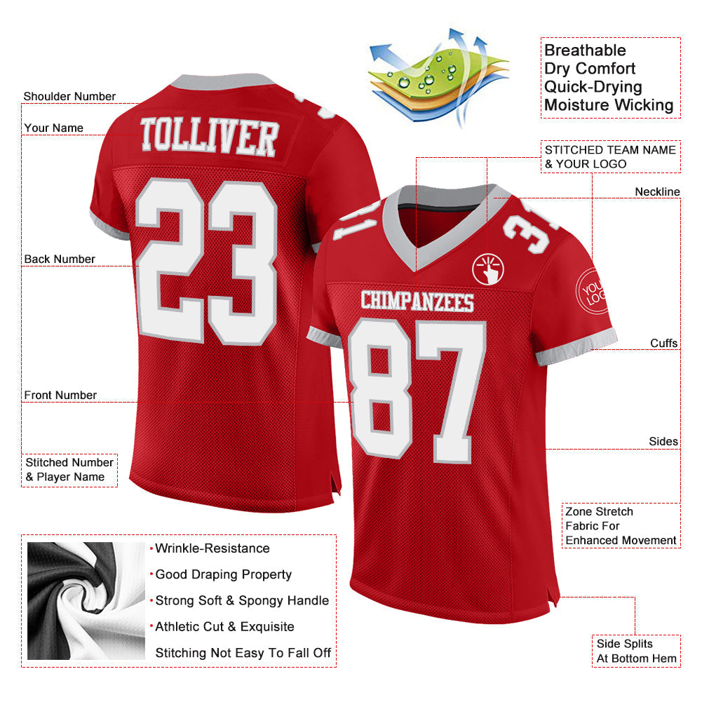 Custom Red White-Gray Mesh Authentic Football Jersey view 2