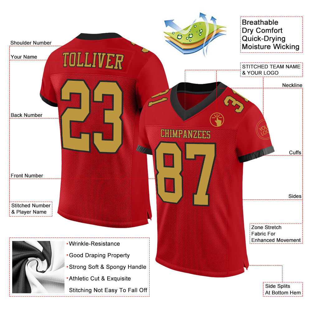 Custom Red Old Gold-Black Mesh Authentic Football Jersey view 2